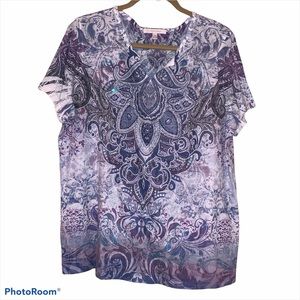 1X Arabesque Print Top with Rhinestones EUC Blues